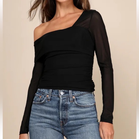Lulus Sheer Fun Black Mesh Semi-Sheer Off-the-Shoulder Long Sleeve Top - Picture 1 of 4